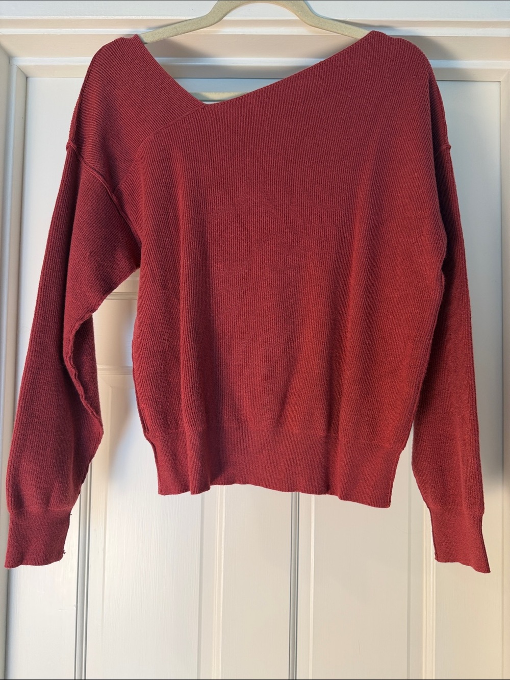 Line & Dot Off-the-Shoulder Asymmetrical Sweater in Rust Red - Picture 4 of 11